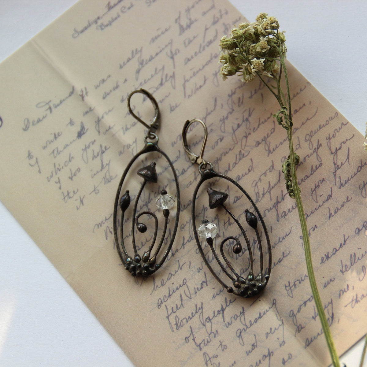 Faceted Clear Glass Mushroom Earrings – Blackened Copper