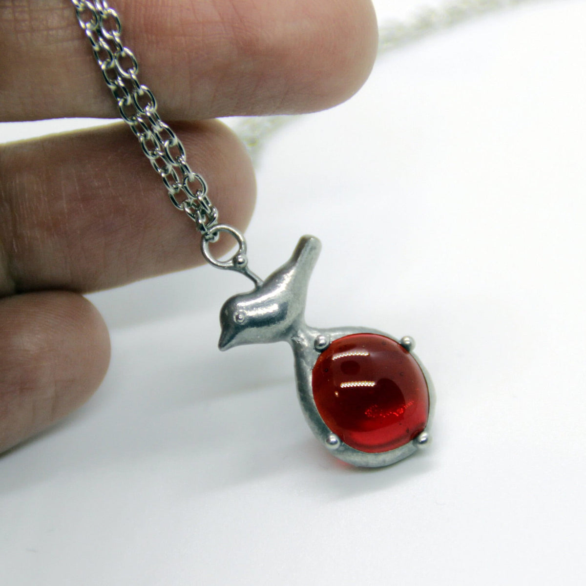Red Glass Bird Necklace – Silver Tone