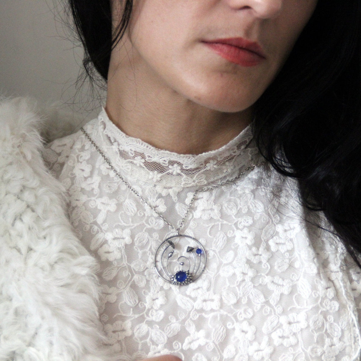 Blue Stained Glass Amanita Mushroom Circle Necklace – Silver Tone