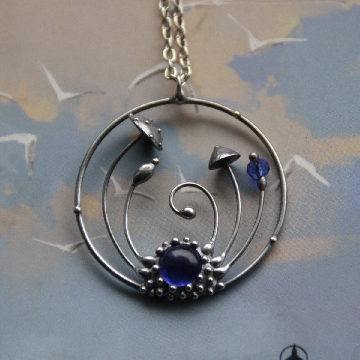 Blue Stained Glass Amanita Mushroom Circle Necklace – Silver Tone