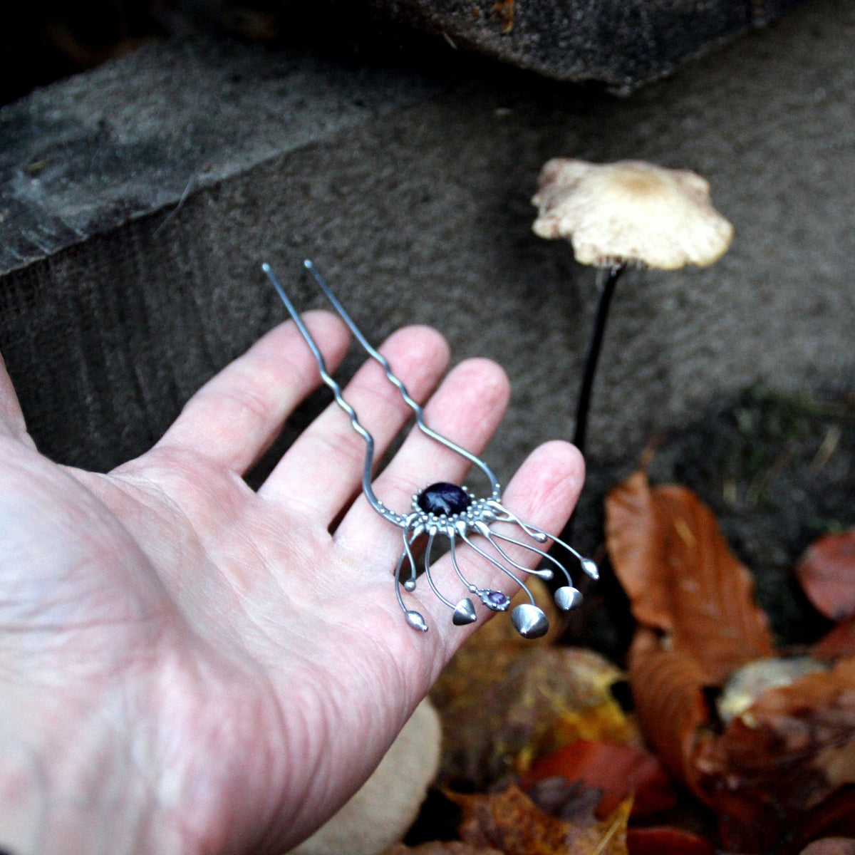 Amethyst Mushroom Hair Pin – Silver Tone