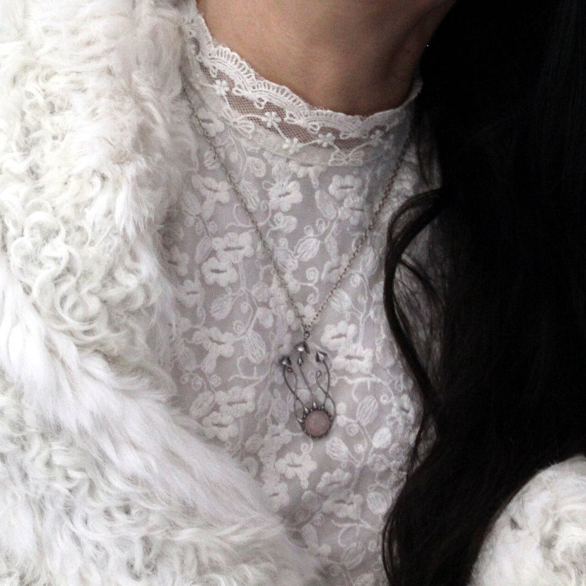 Pink Quartz Mushroom Cluster Necklace – Silver Tone