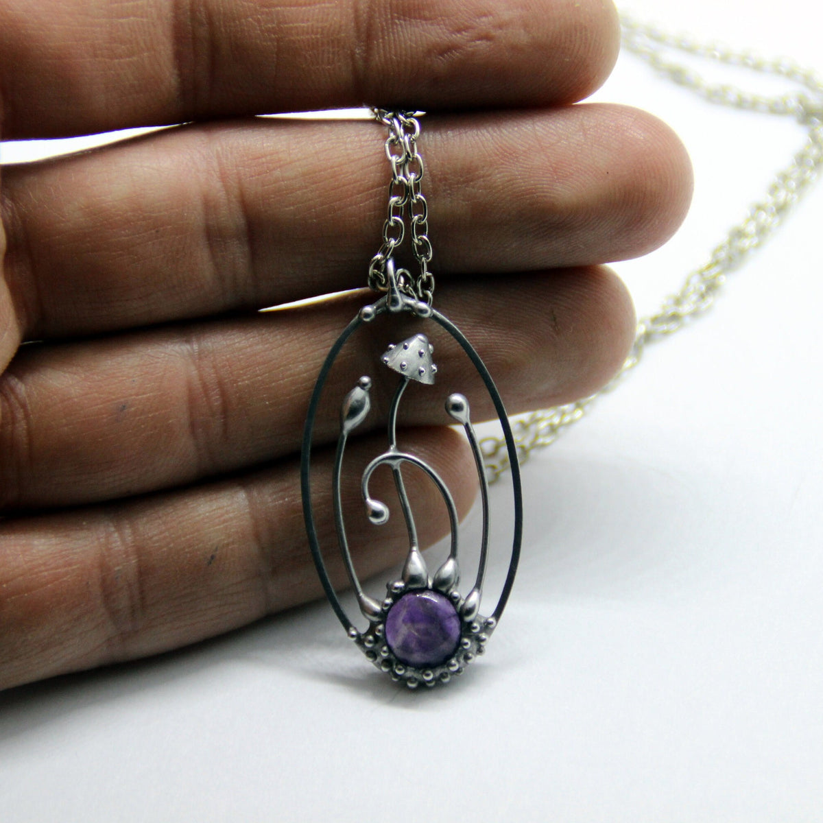 Amethyst Amanita Mushroom Necklace – Silver Tone