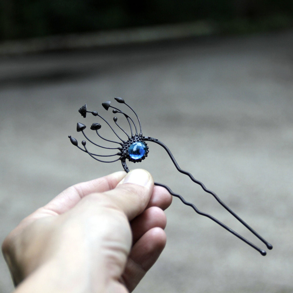 Blue Glass Mushroom Hair Pin – Blackened Copper Forest Hair Fork – Fairycore