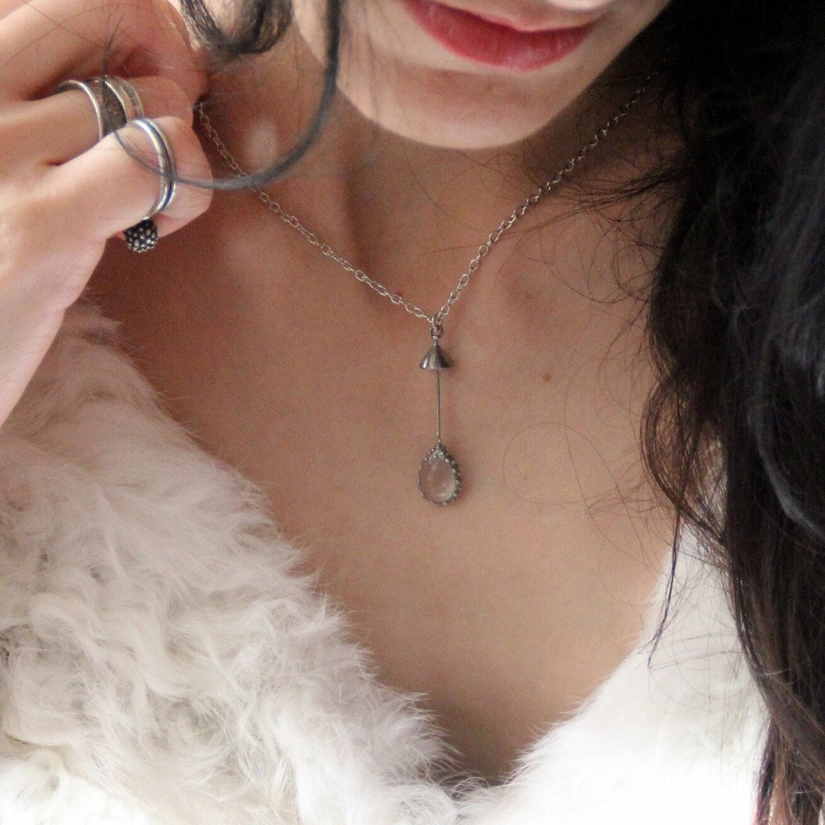Clear Glass Mushroom Pendant – Silver Tone