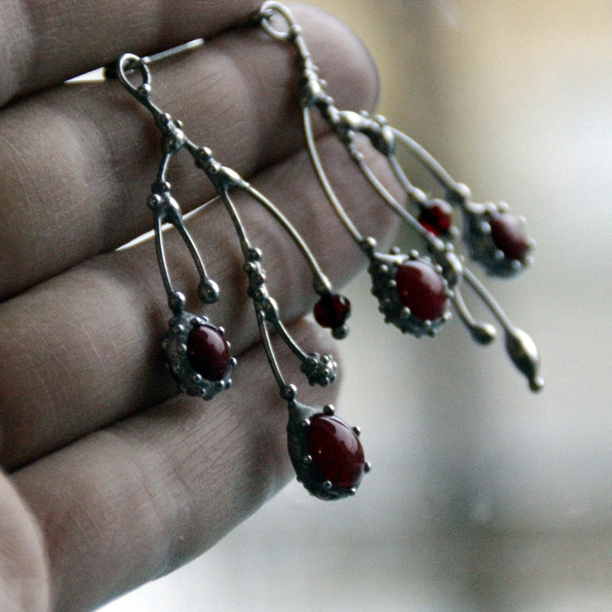 Deep Red Glass Branch Earrings – Silver Tone