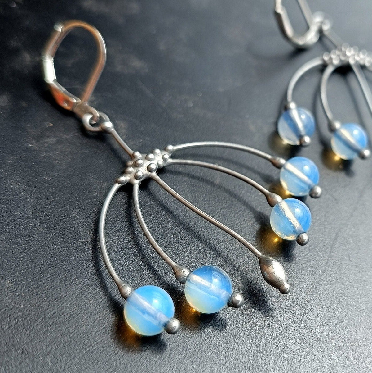 Blue Glass Branch Earrings – Silver Tone