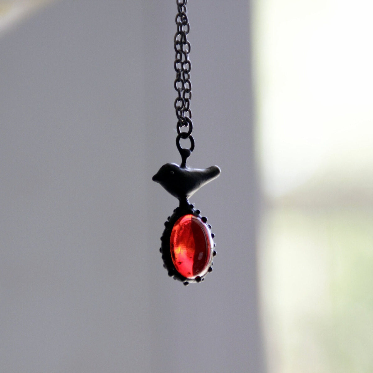 Red Glass Bird Necklace – Blackened Copper & Pewter Woodland Pendant – Boho
