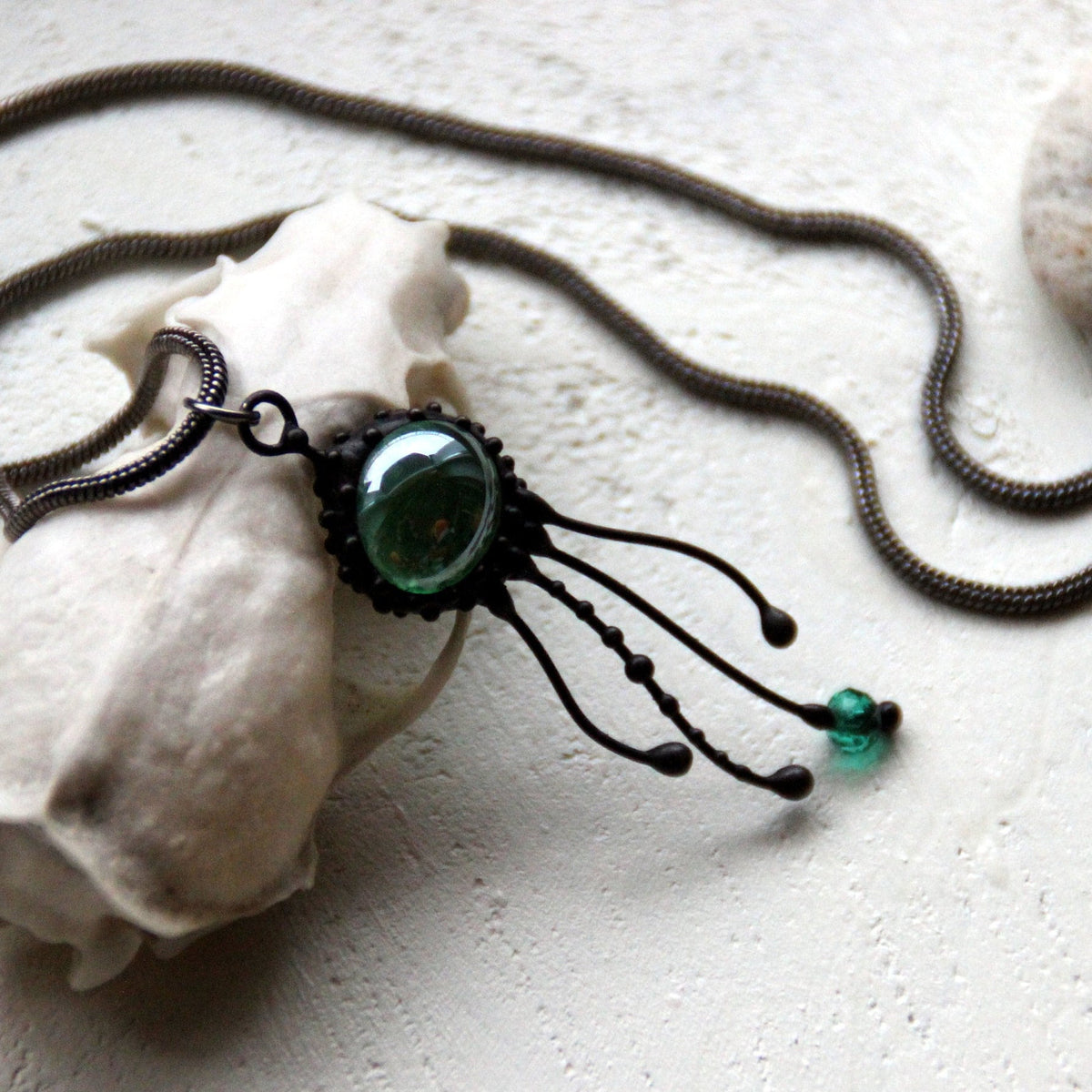 Green Glass Jellyfish Pendant – Blackened Copper