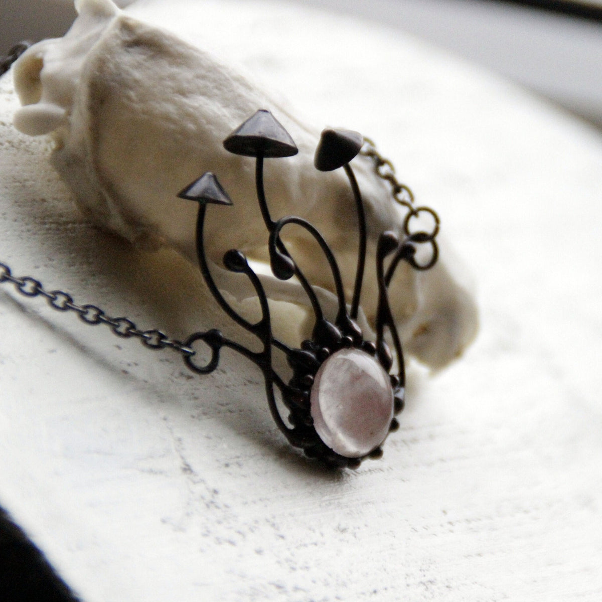 Watermelon Quartz Mushroom Necklace – Blackened Copper