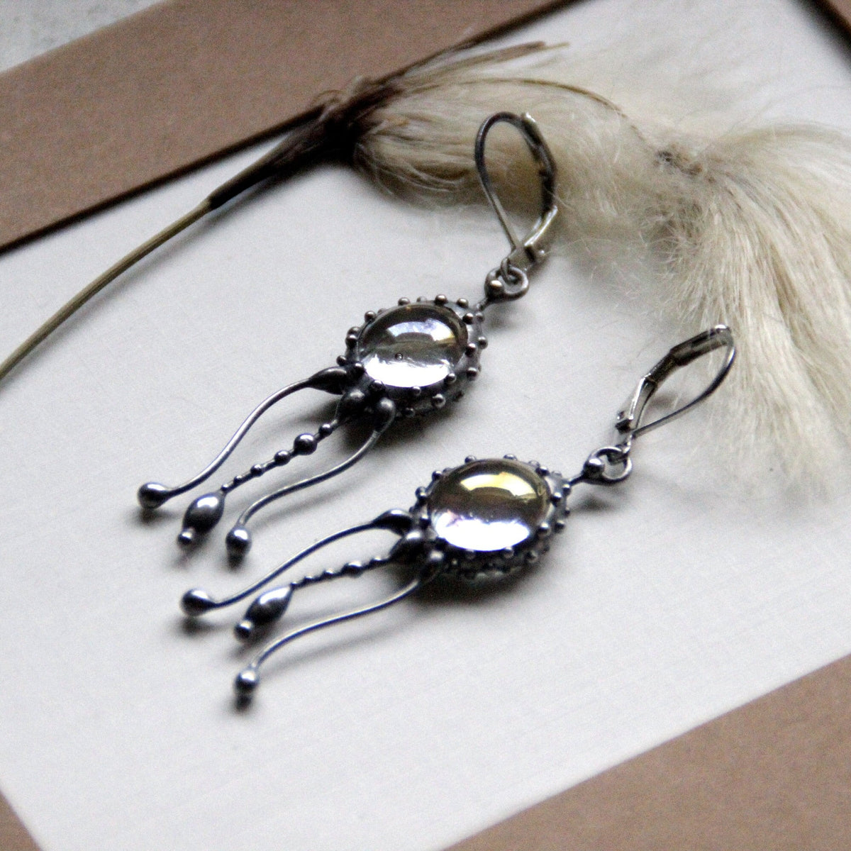 Three-Tentacle Clear Glass Jellyfish Earrings – Silver Tone