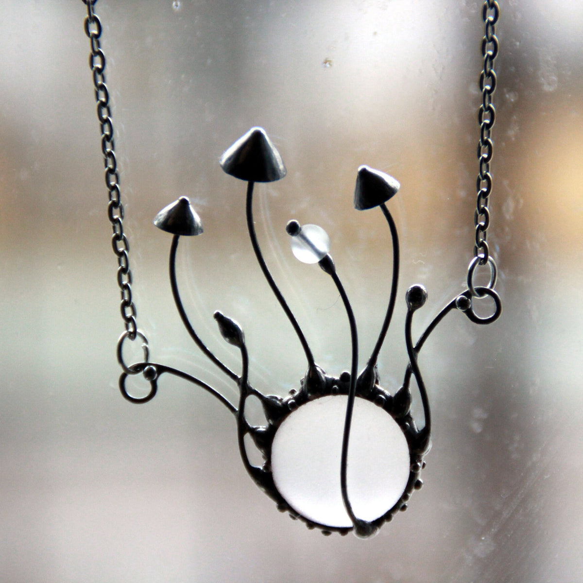 Frosted Glass Mushroom Necklace – Silver Tone