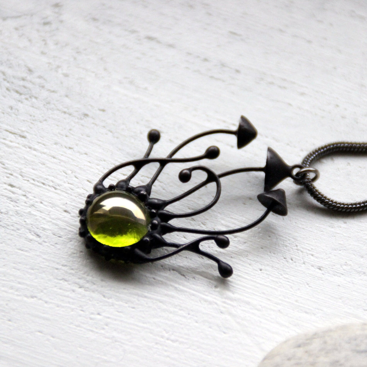 Green Stained Glass Mushroom Trio Necklace – Blackened Copper