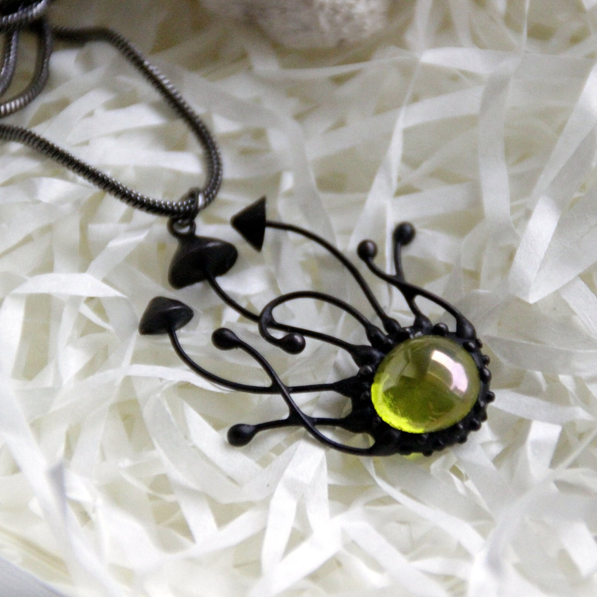 Green Stained Glass Mushroom Trio Necklace – Blackened Copper