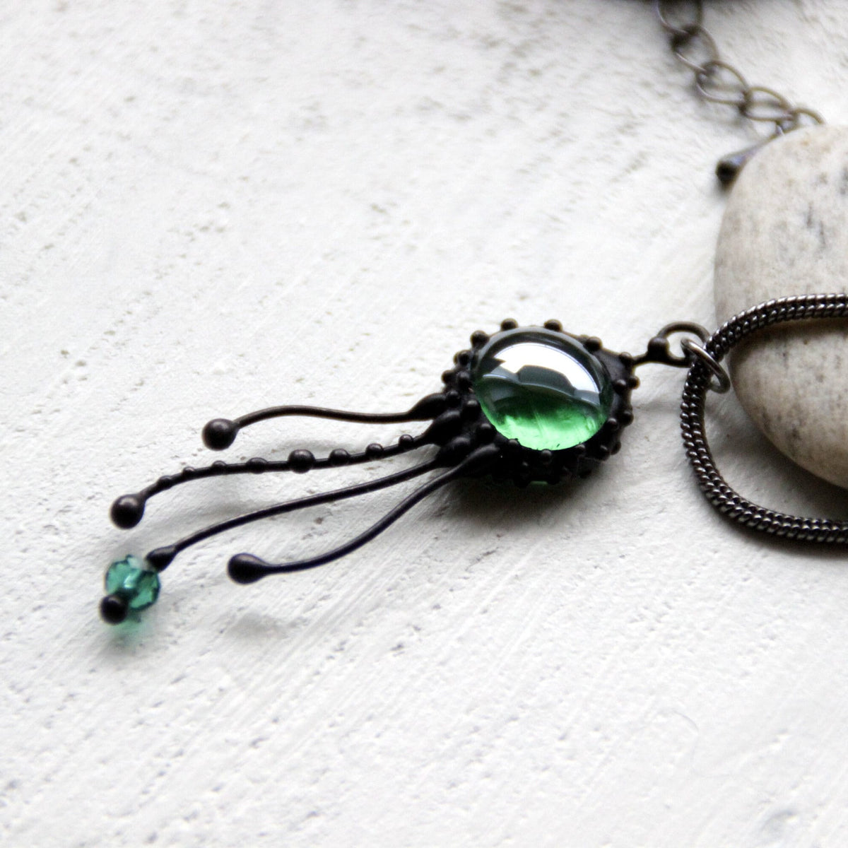 Green Glass Jellyfish Pendant – Blackened Copper