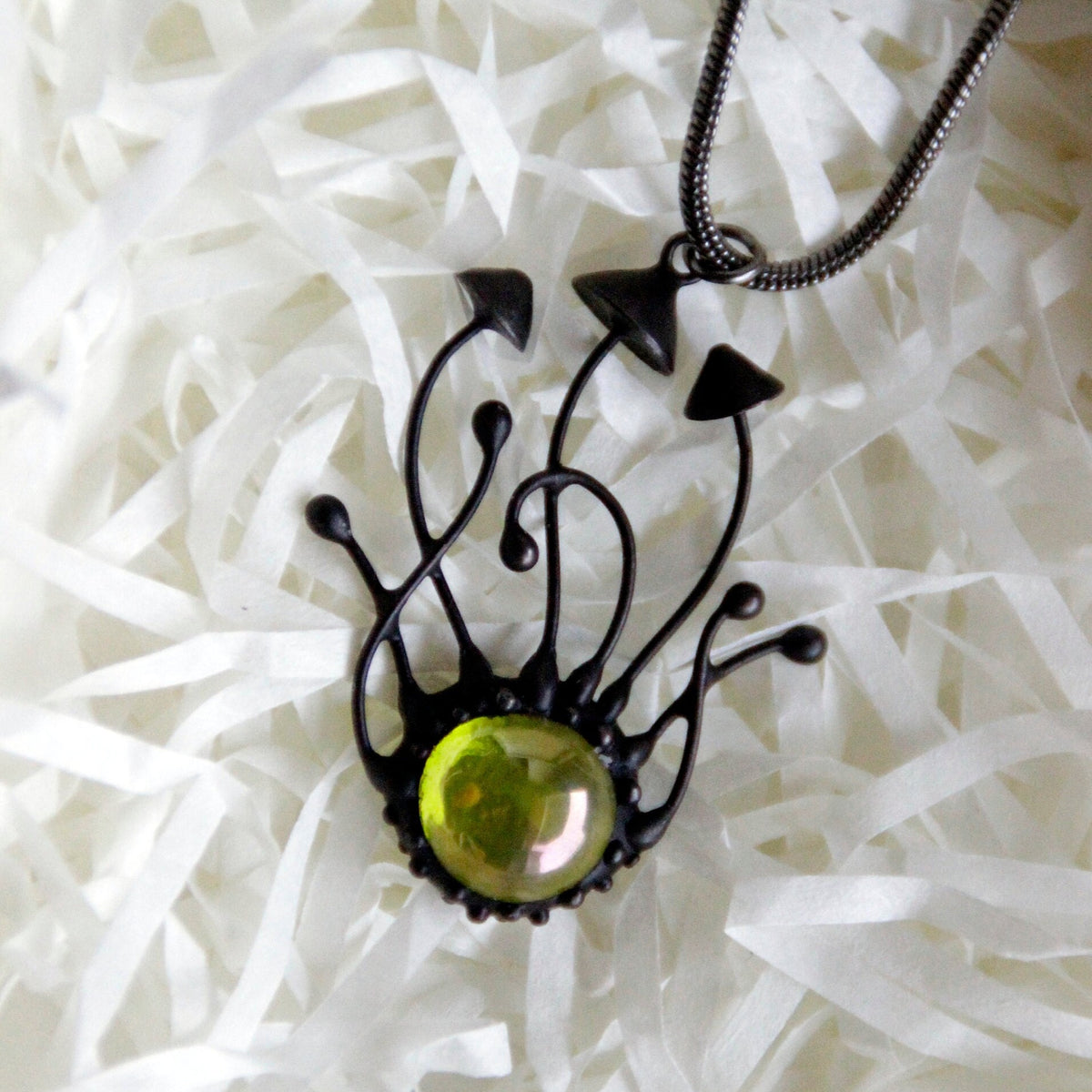 Green Stained Glass Mushroom Trio Necklace – Blackened Copper