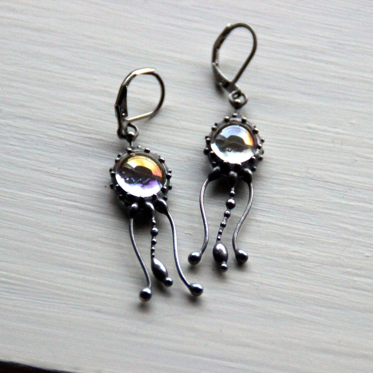 Three-Tentacle Clear Glass Jellyfish Earrings – Silver Tone