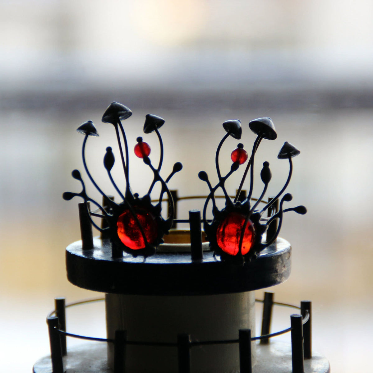 Red Stained Glass Mushroom Brooch – Blackened Copper