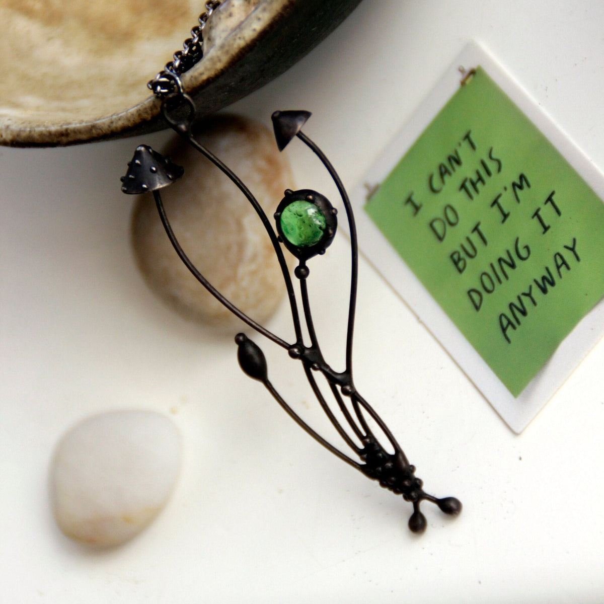 Green Stained Glass Mushroom Necklace – Blackened Copper