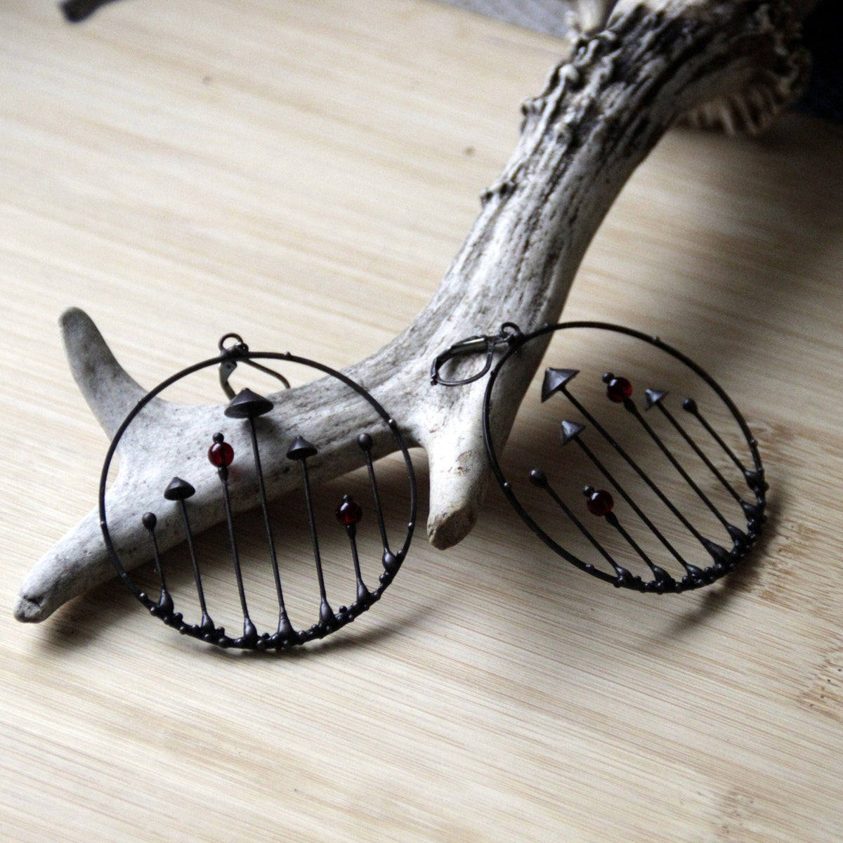 Red Glass Mushroom Hoop Earrings – Blackened Copper & Pewter Forest