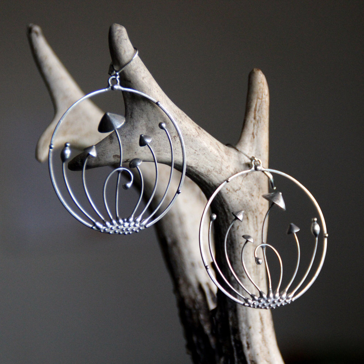 Silver Tone Mushroom Hoop Earrings