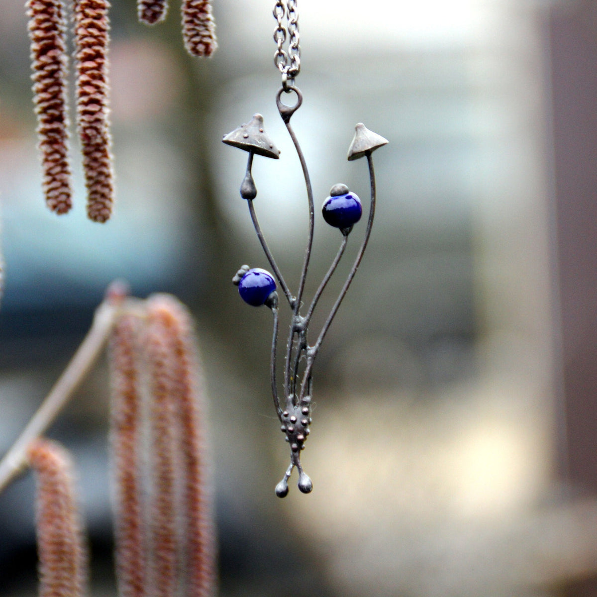 Blue Ceramic Mushroom Necklace – Blackened Copper Forest Pendant – Botanical