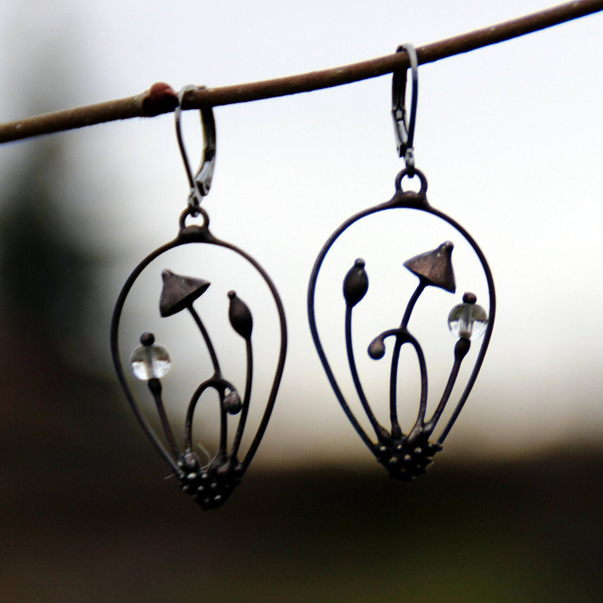 Clear Glass Mushroom Earrings – Blackened Copper Teardrop Dangles – Botanical Forest