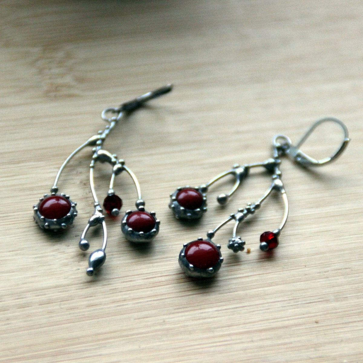 Red Glass Branch Earrings – Silver Tone