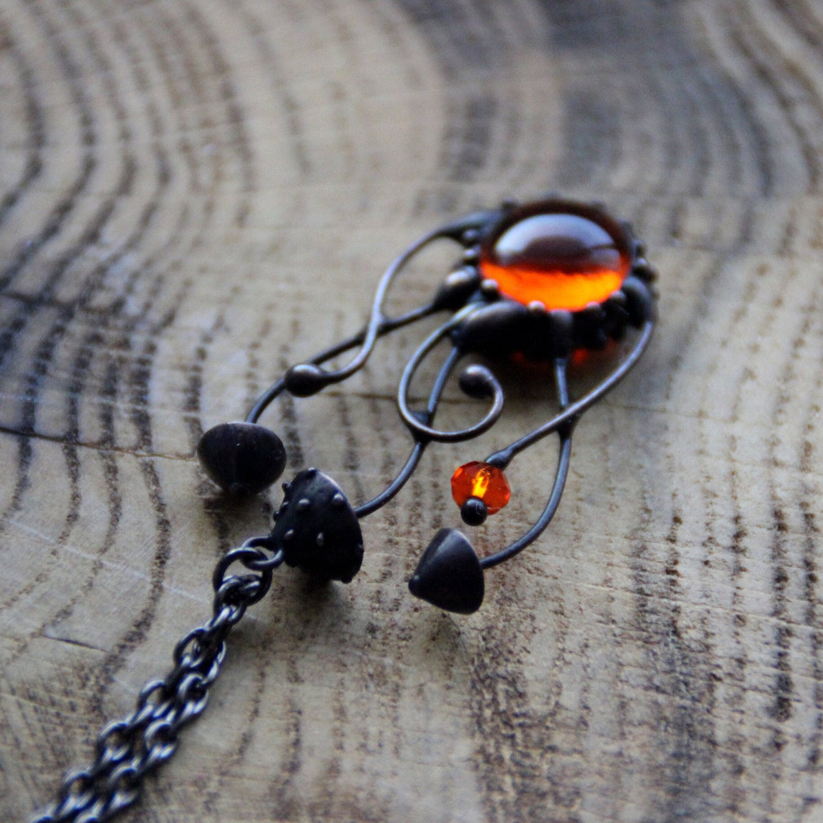 Orange Glass Mushroom Cluster Necklace – Blackened Copper