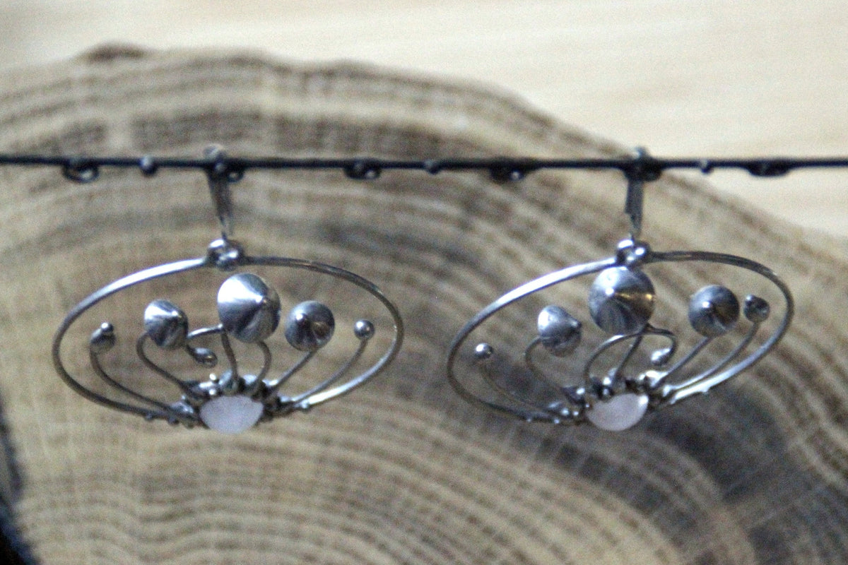 Pink Quartz Mushroom Hoop Earrings – Silver Tone