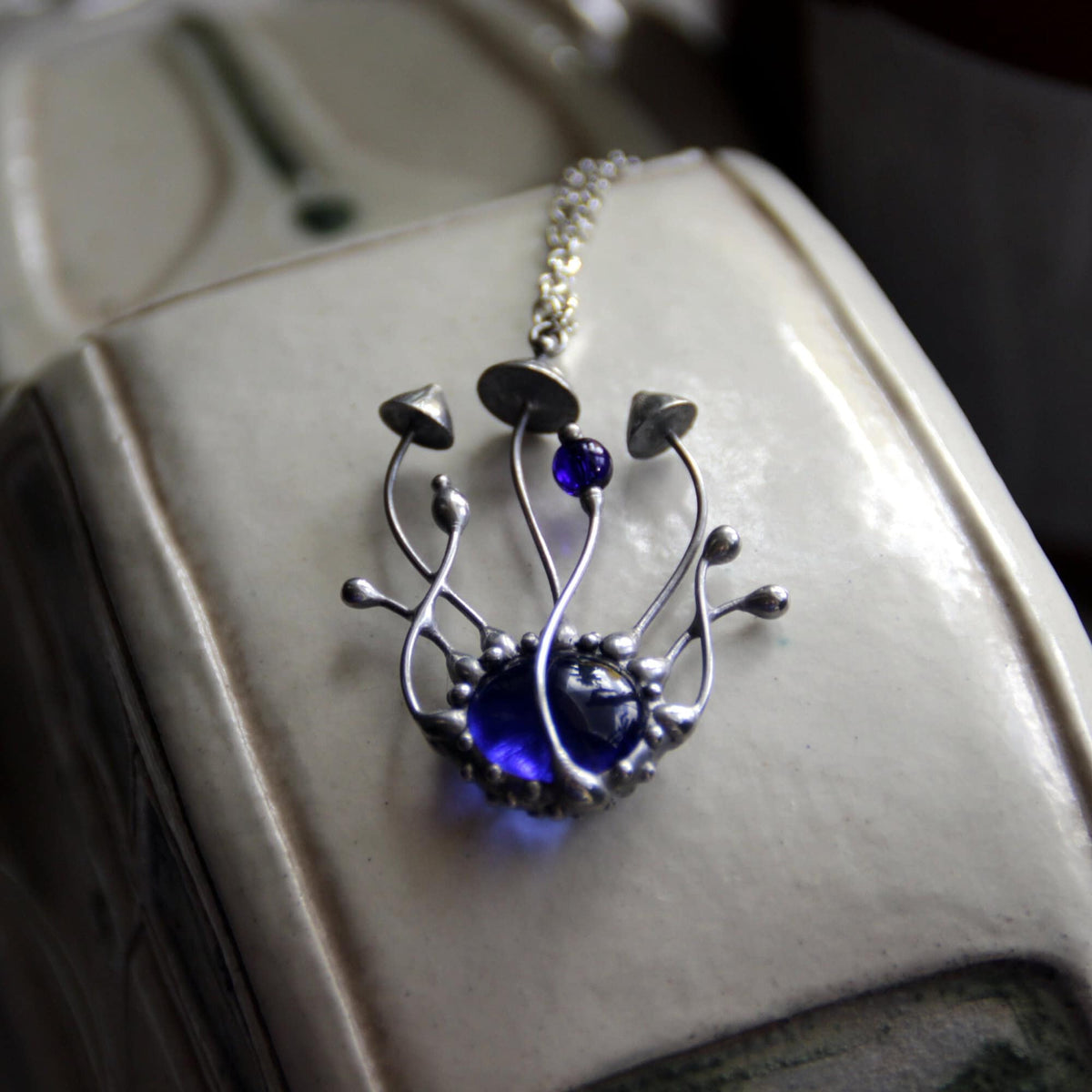 Blue Stained Glass Mushroom Cluster Necklace – Silver Tone