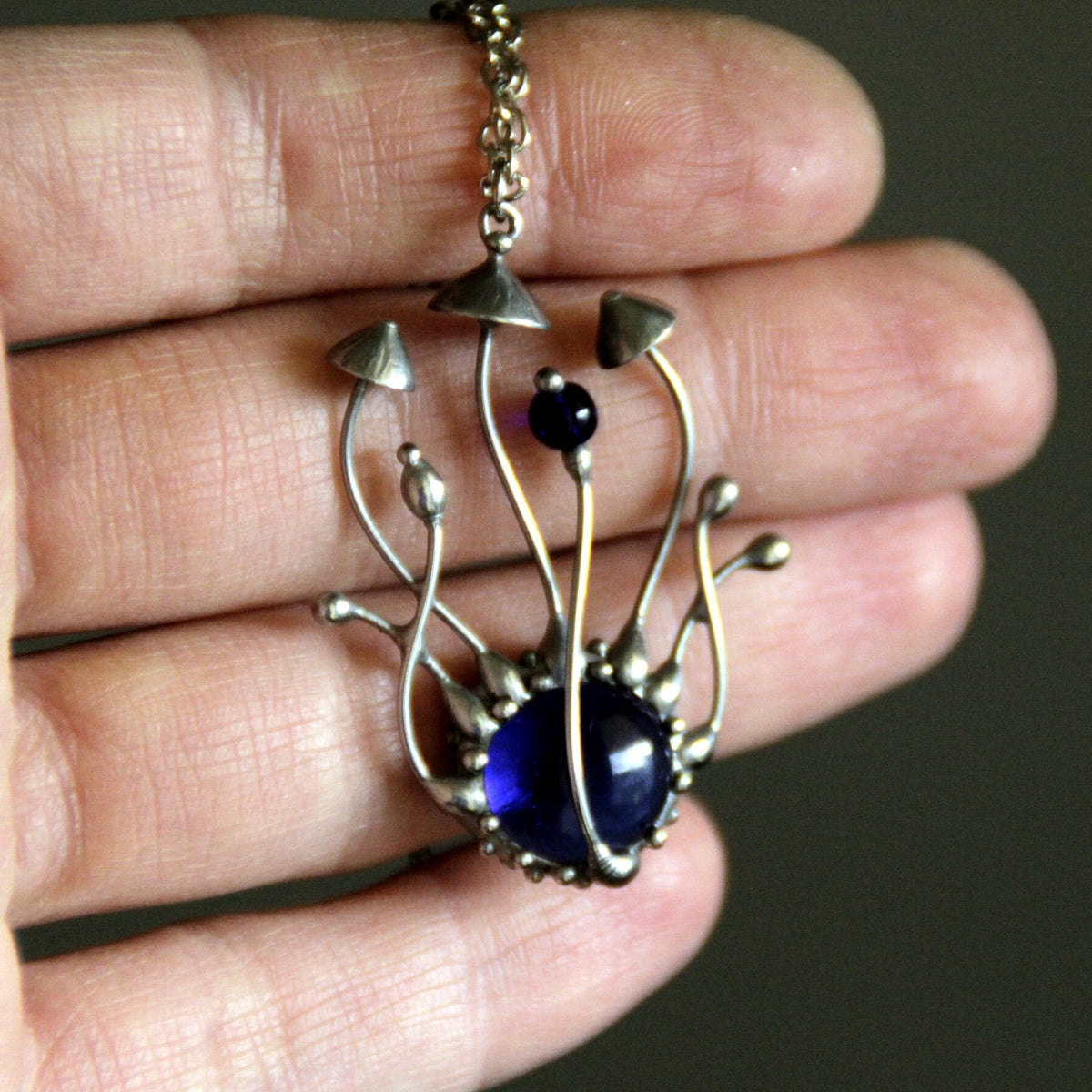 Blue Stained Glass Mushroom Cluster Necklace – Silver Tone