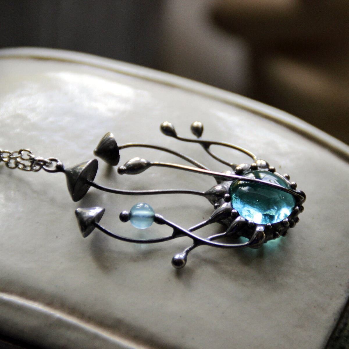 Blue Glass Mushroom Cluster Necklace – Silver Tone