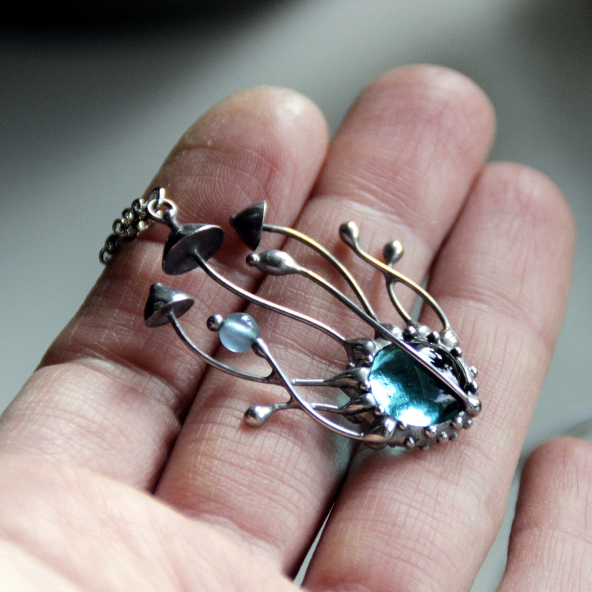 Blue Glass Mushroom Cluster Necklace – Silver Tone