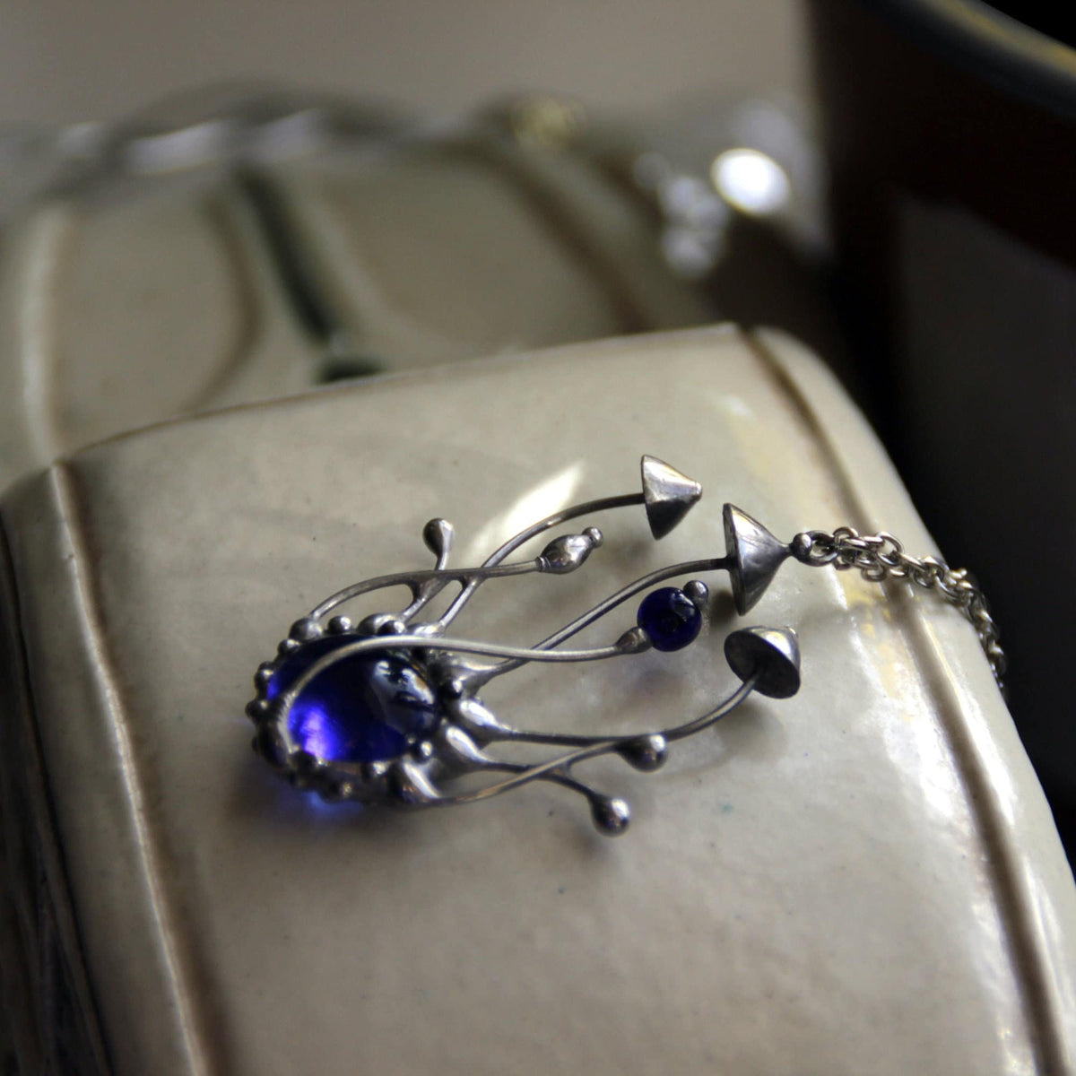 Blue Stained Glass Mushroom Cluster Necklace – Silver Tone