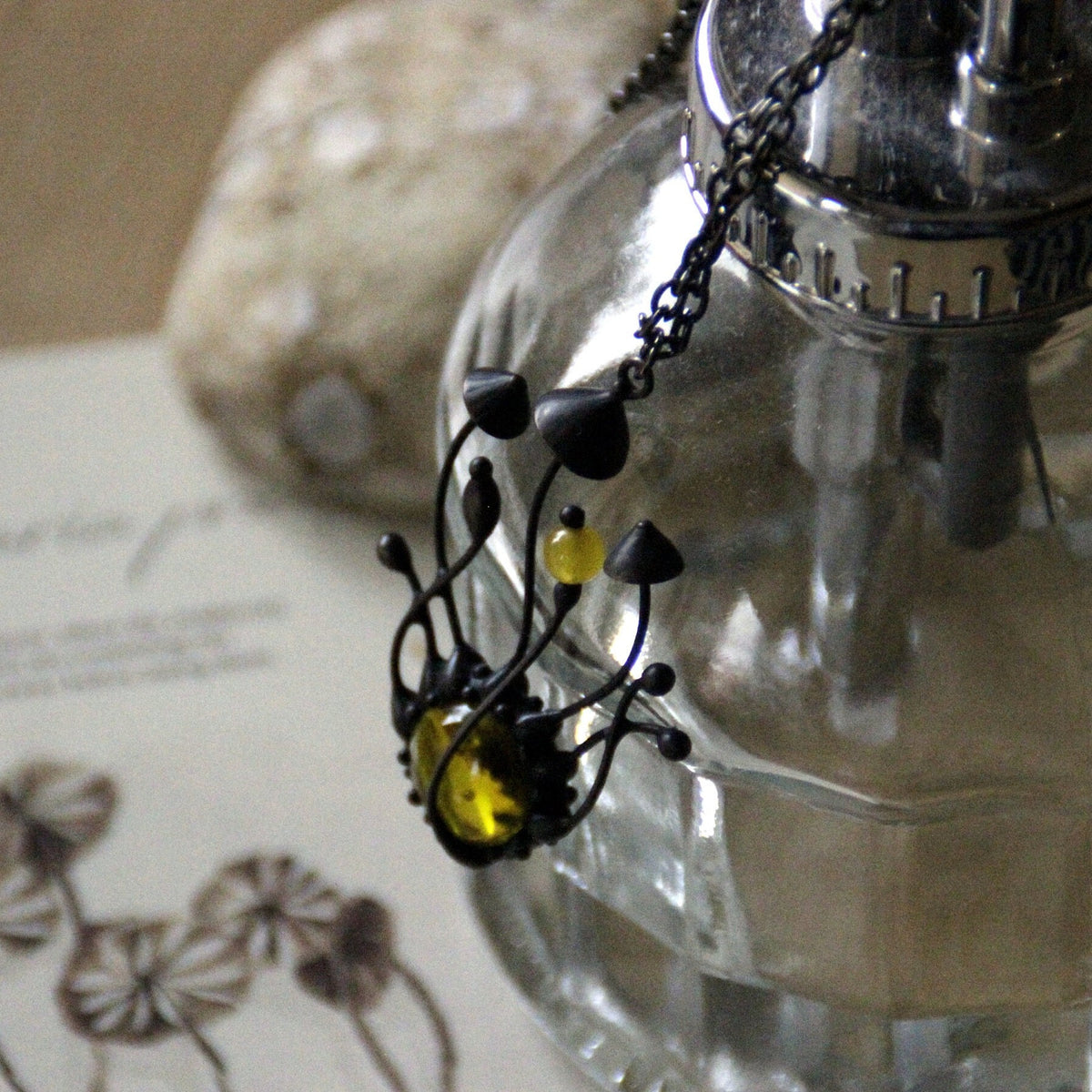 Yellow Glass Mushroom Cluster Necklace – Blackened Copper