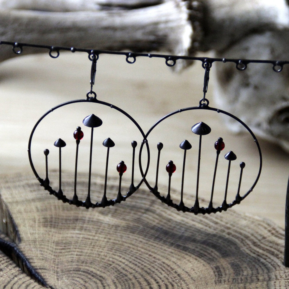 Red Glass Mushroom Hoop Earrings – Blackened Copper & Pewter Forest