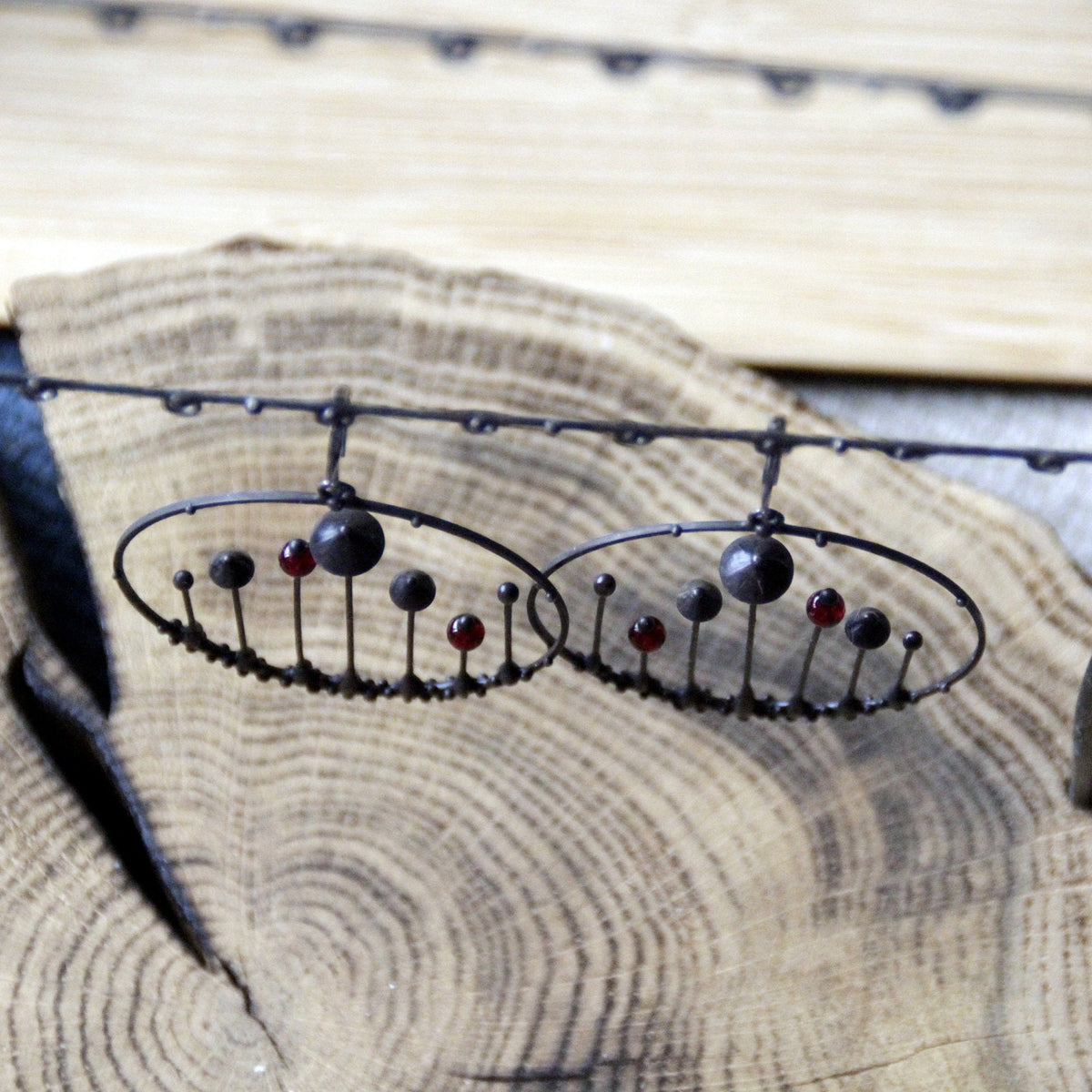 Red Glass Mushroom Hoop Earrings – Blackened Copper & Pewter Forest