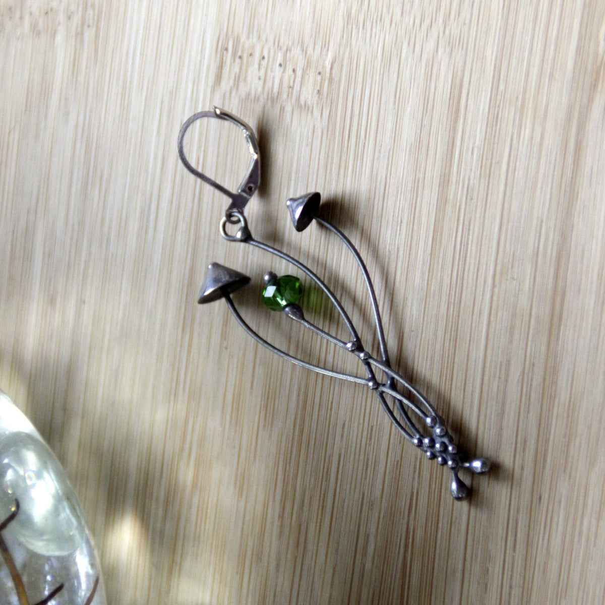 Green Glass Mushroom Single Earring – Silver Tone