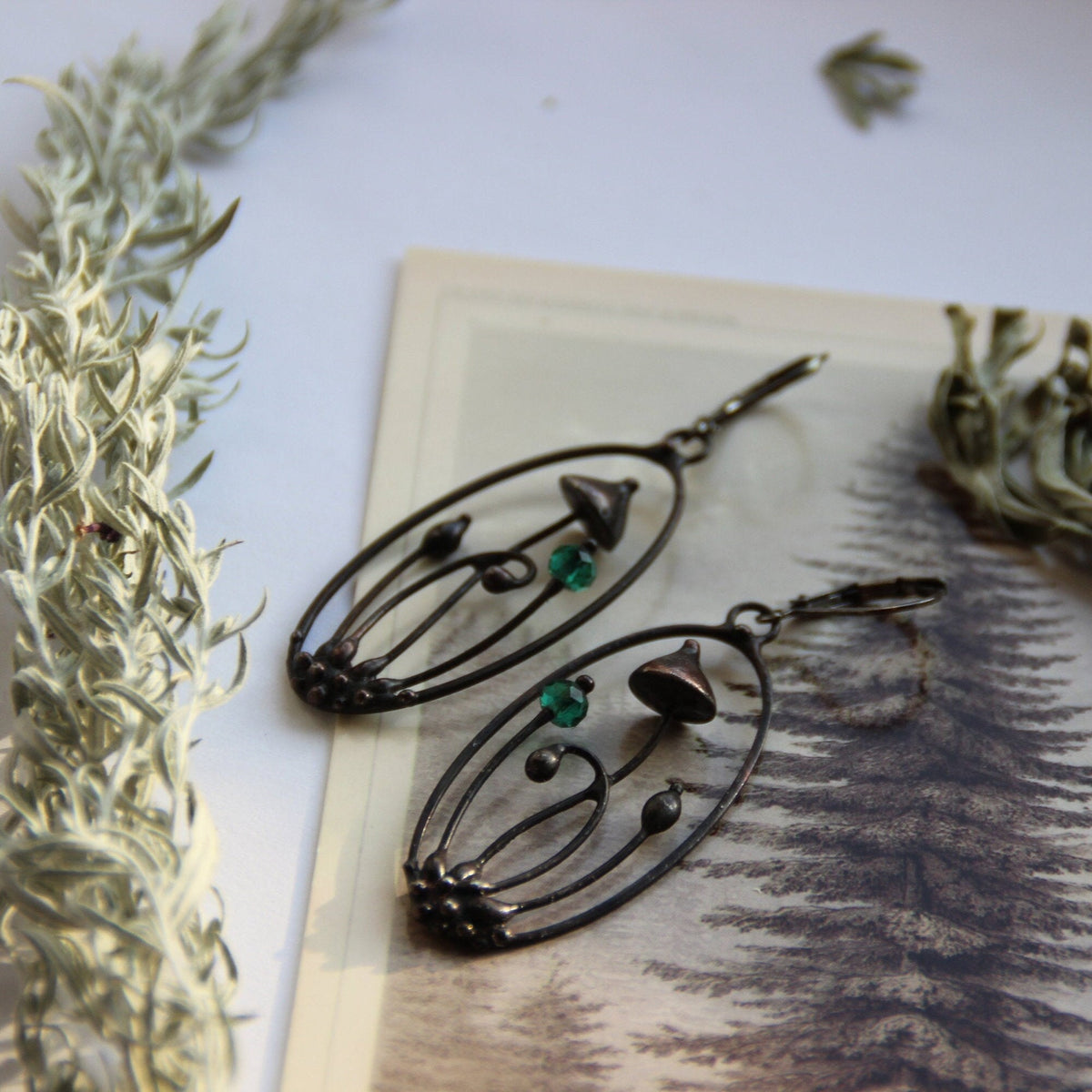 Faceted Green Glass Mushroom Oval Earrings – Blackened Copper