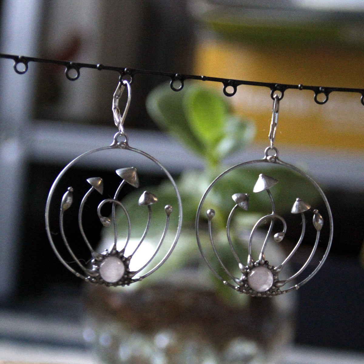 Pink Quartz Mushroom Hoop Earrings – Silver Tone