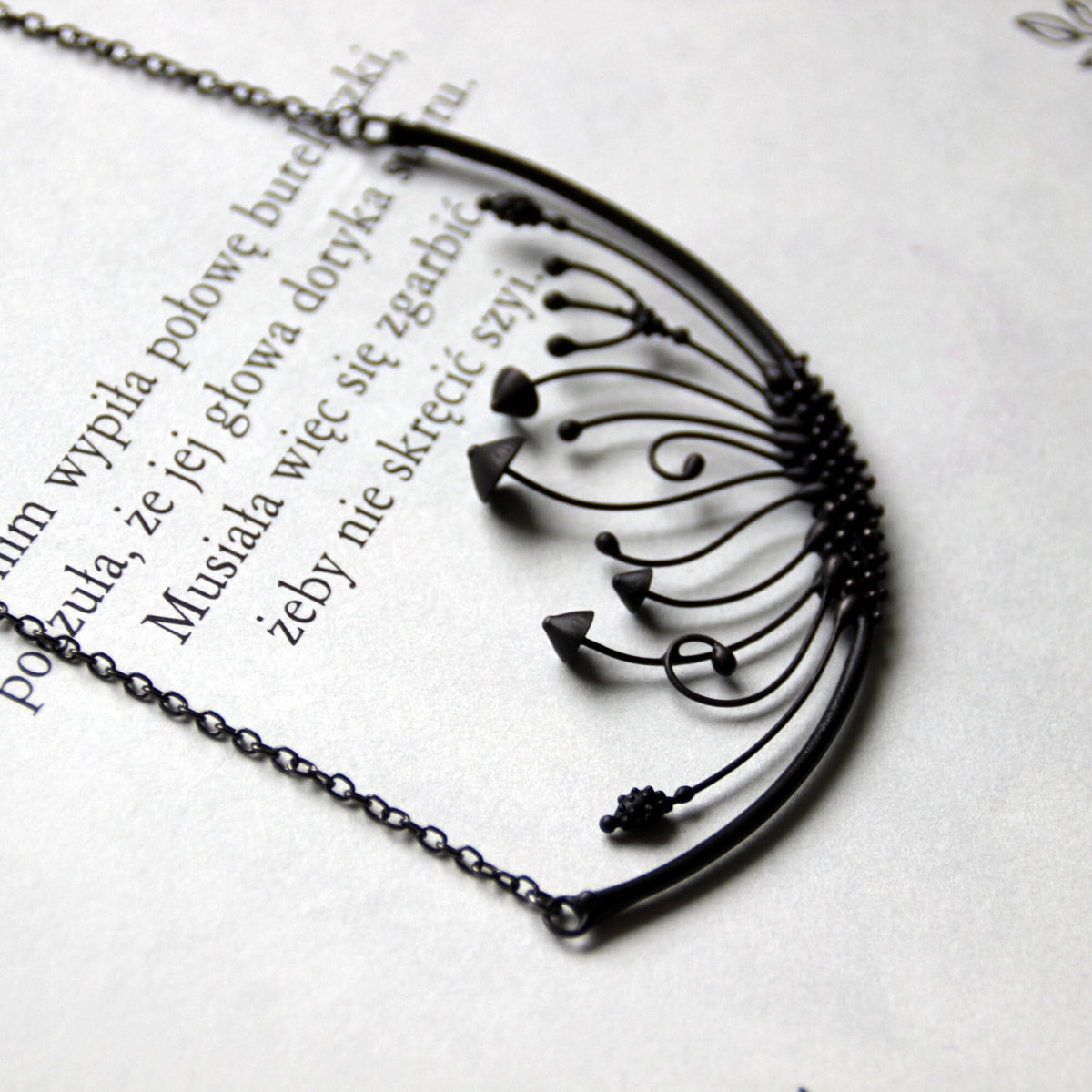 Four Mushroom Crescent Collar Necklace – Blackened Copper