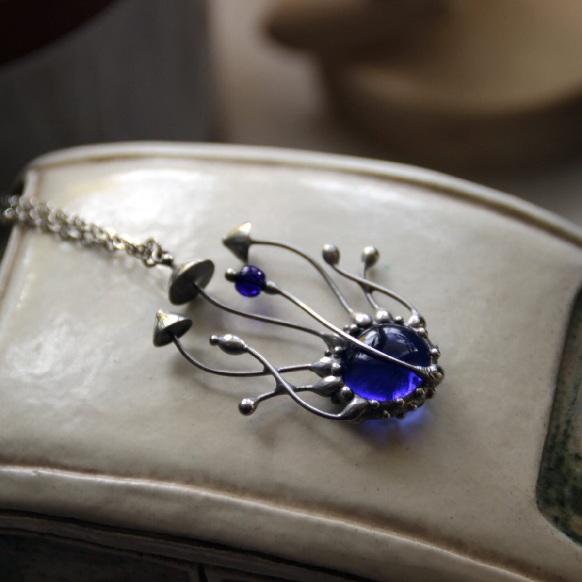 Blue Stained Glass Mushroom Cluster Necklace – Silver Tone