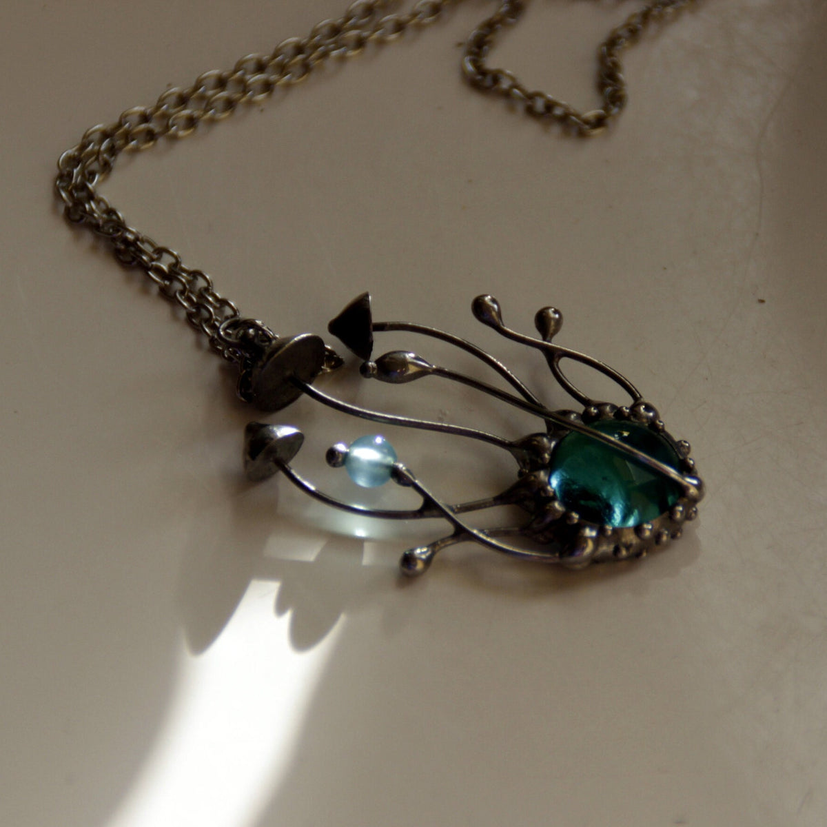 Blue Glass Mushroom Cluster Necklace – Silver Tone