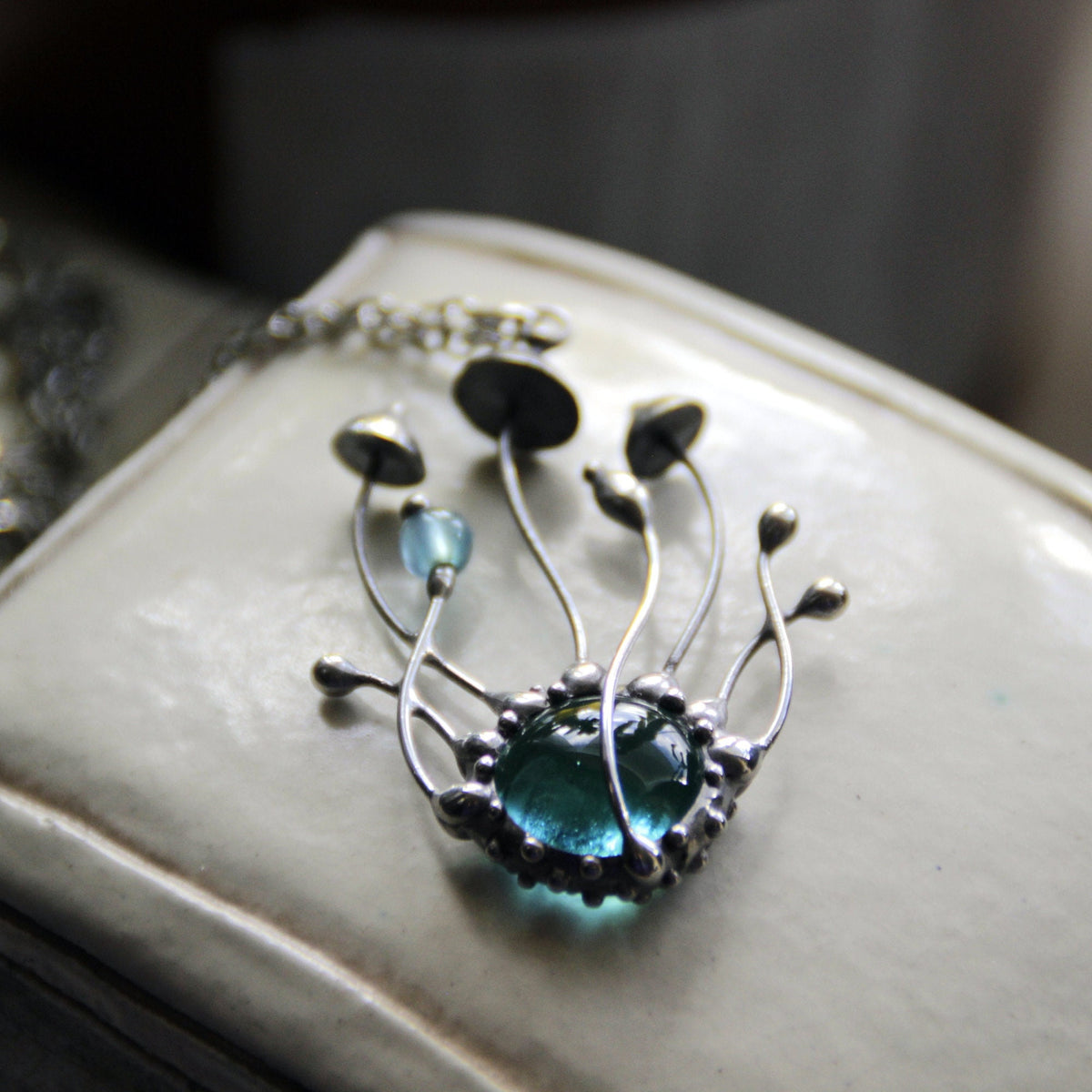 Blue Glass Mushroom Cluster Necklace – Silver Tone