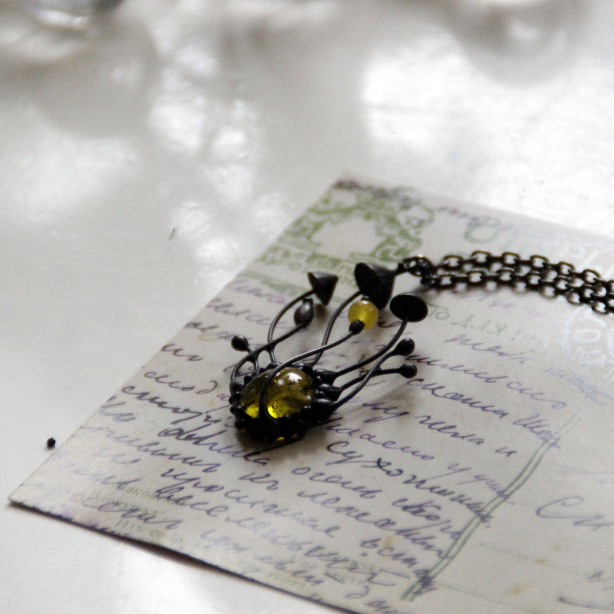 Yellow Glass Mushroom Cluster Necklace – Blackened Copper