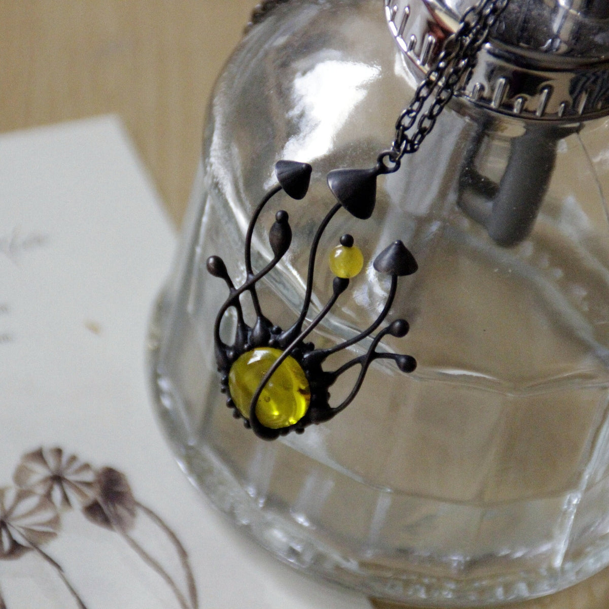 Yellow Glass Mushroom Cluster Necklace – Blackened Copper