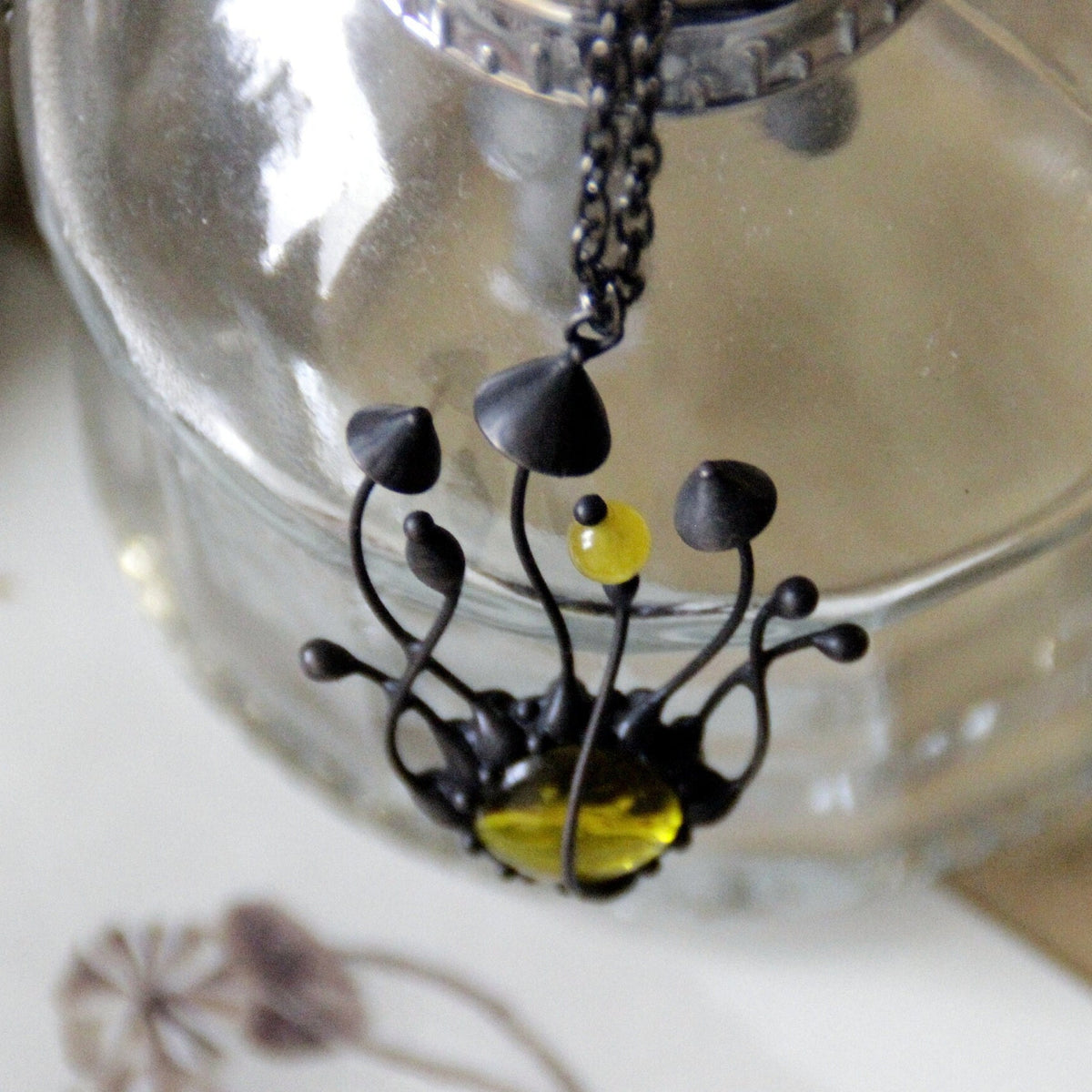 Yellow Glass Mushroom Cluster Necklace – Blackened Copper