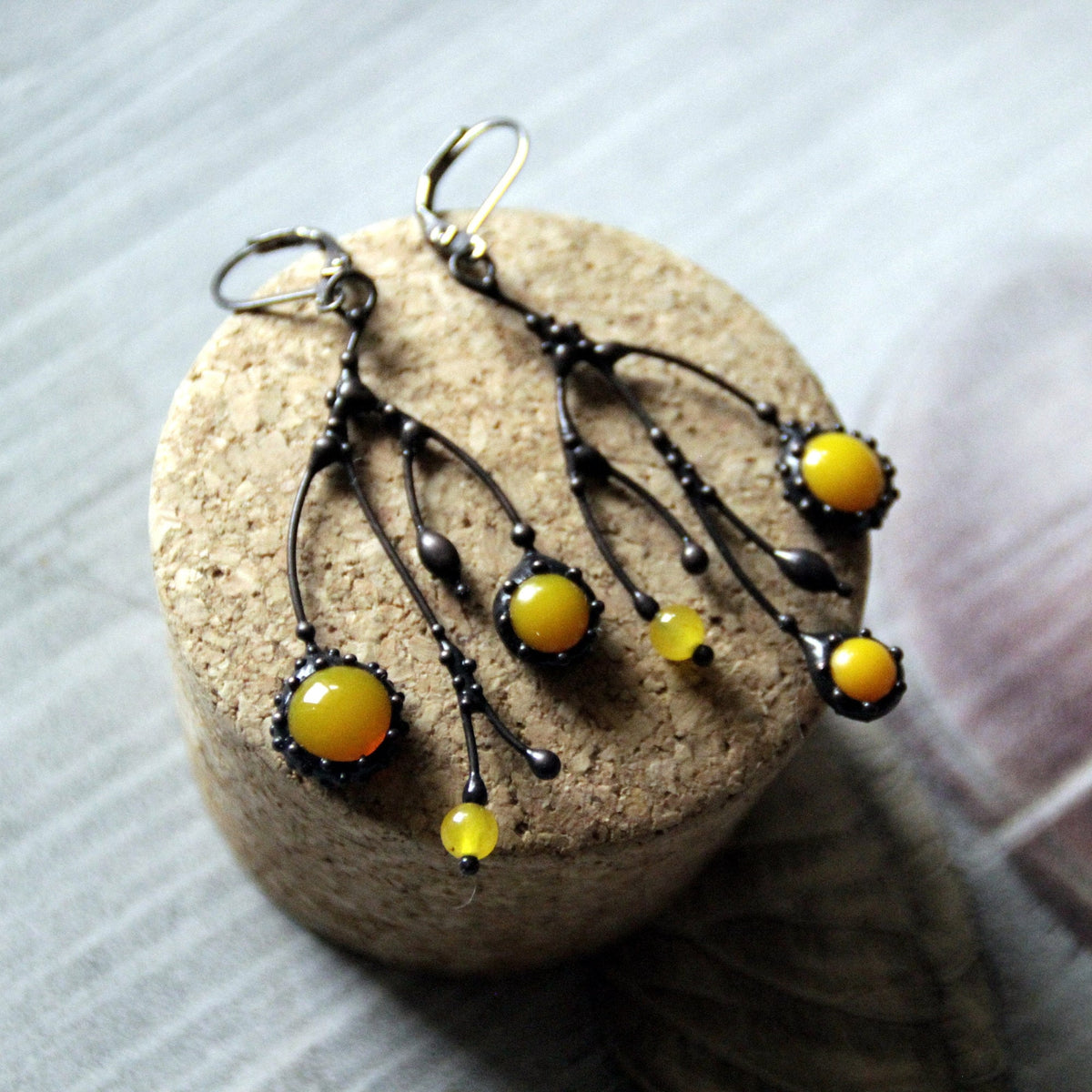 Yellow Glass Asymmetrical Branch Earrings – Blackened Copper