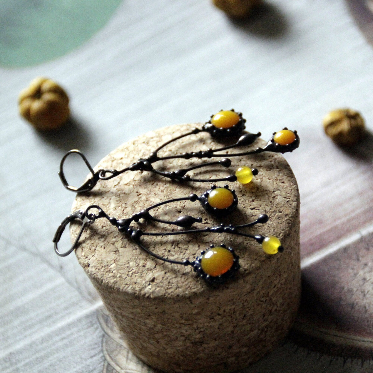 Yellow Glass Asymmetrical Branch Earrings – Blackened Copper